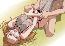 Rule 34 | 1girl, arm grab, blonde hair, blue eyes, breasts, breasts squeezed together, clothed female nude male, earrings, fishnet thighhighs, fishnet top, fishnets, from above, garter belt, garter straps, glasses, jewelry, kalifa (one piece), kyabakurabakufu, large breasts, legs, long hair, lying, missionary, nipples, nude, one piece, open mouth, see-through, sex, simple background, thighhighs, thighs, vaginal