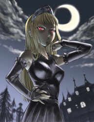 Rule 34 | 00s, 1girl, blonde hair, breasts, glowing, glowing eyes, hime (kaibutsu oujo), impossible clothes, impossible shirt, kaibutsu oujo, medium breasts, moon, red eyes, shirt, solo, ueyama michirou