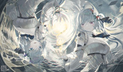 Rule 34 | 2girls, :d, ahoge, black ribbon, breasts, cleavage, closed mouth, commentary request, dress, flower, grey dress, grey eyes, grey hair, hair between eyes, hair flower, hair ornament, hair ribbon, highres, long sleeves, medium breasts, multiple girls, natori youkai, off-shoulder dress, off shoulder, open mouth, original, pale skin, puffy long sleeves, puffy sleeves, purple eyes, purple flower, red flower, ribbon, rose, rotational symmetry, smile, white flower, white rose