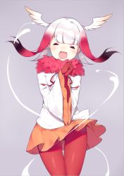 Rule 34 | 10s, 1girl, :d, ^ ^, blunt bangs, blush, closed eyes, clothes lift, cowboy shot, facing viewer, frilled sleeves, frills, gloves, grey background, head wings, japanese crested ibis (kemono friends), kemono friends, long sleeves, multicolored hair, open mouth, orange skirt, own hands together, pantyhose, red gloves, red hair, red pantyhose, sela (08180074), short hair with long locks, sidelocks, silver hair, simple background, skirt, skirt lift, smile, solo, thighs, wide sleeves, wind, wind lift, wings, |d