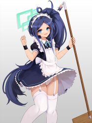 Rule 34 | 1girl, alternate costume, apron, aqua ribbon, aris (blue archive), aris (maid) (blue archive), black dress, black hair, blue archive, blue eyes, commentary, dress, english commentary, enmaided, flat chest, frilled apron, frilled panties, frills, garter straps, gradient background, grey background, halo, highres, holding, holding mop, knees together feet apart, long hair, looking at viewer, maid, maid apron, maid headdress, mop, neck ribbon, notte, open mouth, panties, pantyshot, ribbon, ringed eyes, short sleeves, side ponytail, smile, solo, standing, thighhighs, underwear, very long hair, white apron, white panties, white thighhighs, wrist cuffs