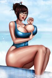 Rule 34 | 1girl, absurdres, ass, blizzard (company), breasts, brown eyes, brown hair, cleavage, day, female focus, flowerxl, glasses, grabbing own breast, hair ornament, highres, huge ass, large breasts, looking at viewer, mei (overwatch), one-piece swimsuit, open mouth, overwatch, pool, poolside, sitting, solo, swimsuit, thighs, video game character, wide hips