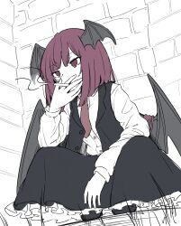 Rule 34 | 1girl, alternate hair length, alternate hairstyle, bat wings, between fingers, black footwear, black skirt, black vest, black wings, brick wall, buttons, cigarette, collared shirt, commentary request, dress shirt, dutch angle, expressionless, frilled skirt, frills, full body, garasuno, head wings, highres, holding, koakuma, long sleeves, muted color, necktie, open clothes, open vest, red eyes, red hair, red necktie, shirt, short hair, sketch, skirt, skirt set, smoking, solo, squatting, touhou, vest, white shirt, wings