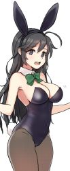 Rule 34 | 10s, 1girl, :d, ahoge, animal ears, bare shoulders, black hair, blue eyes, bow, bowtie, breasts, bright pupils, brown pantyhose, cleavage, covered navel, cowboy shot, detached collar, fake animal ears, girls und panzer, hairband, isuzu hana, jorin, large breasts, leotard, long hair, open mouth, pantyhose, playboy bunny, rabbit ears, rabbit tail, simple background, smile, solo, tail, white background, white pupils