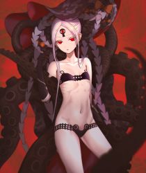 Rule 34 | 1girl, abigail williams (fate), abigail williams (swimsuit foreigner) (fate), abigail williams (swimsuit foreigner) (first ascension) (fate), absurdres, bikini, black bikini, black gloves, bonnet, bow, collarbone, fate/grand order, fate (series), flat chest, forehead, gloves, hand up, highres, huge filesize, kushinaka, long hair, looking at viewer, navel, orange bow, red background, red eyes, sidelocks, solo, standing, swimsuit, tentacles, white hair