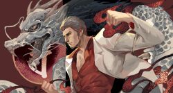 Rule 34 | 1boy, arm up, beard, black hair, clenched hands, closed mouth, collared shirt, dragon, eastern dragon, facial hair, fighting stance, highres, jacket, jaxkydra, kiryu kazuma, long sleeves, male focus, partially unbuttoned, red background, red shirt, ryuu ga gotoku (series), shirt, short hair, solo, v-shaped eyebrows, white jacket