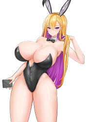 Rule 34 | 1girl, animal ears, areola slip, armpits, bare shoulders, black bow, black bowtie, black leotard, blonde hair, blush, boryeon (last origin), bow, bowtie, breasts, cellphone, collar, colored inner hair, detached collar, ear piercing, earrings, fake animal ears, hair between eyes, highleg, highleg leotard, highres, holding, holding phone, huge breasts, jewelry, last origin, leotard, looking at viewer, mole, mole on breast, multicolored hair, open mouth, phone, piercing, playboy bunny, purple eyes, purple hair, rabbit ears, sayashi (type5 labyrith), simple background, smartphone, solo, strapless, strapless leotard, thighs, two-tone hair, white background, white collar