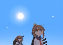 Rule 34 | 2girls, azu (azusayumix), bird, blue sky, brown eyes, brown hair, cannon, character request, closed mouth, commentary request, day, folded ponytail, inazuma (kancolle), kantai collection, long sleeves, machinery, multiple girls, necktie, open mouth, outdoors, purple sailor collar, red neckwear, rigging, sailor collar, school uniform, serafuku, shirt, sky, sun, sweatdrop, white shirt