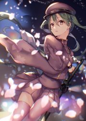 Rule 34 | bad id, bad pixiv id, black gloves, blurry, blurry foreground, cherry blossoms, commentary, falling petals, formal, gloves, green hair, hatsune miku, long hair, looking at viewer, military, military uniform, miniskirt, parted lips, petals, pleated skirt, purple eyes, purple headwear, purple skirt, purple suit, purple thighhighs, senbon-zakura (vocaloid), sheath, shiomizu (swat), skirt, solo, suit, sword, thighhighs, twintails, uniform, unsheathing, very long hair, vocaloid, weapon, wide sleeves, zettai ryouiki