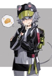 Rule 34 | 1girl, animal ears, arknights, backpack, bag, baseball cap, black gloves, black hat, black jacket, black skirt, blue eyes, blush, bottle, cheese, click (arknights), closed mouth, commentary, cowboy shot, finger to own chin, fingerless gloves, flat chest, food, gloves, grey background, grey legwear, hair between eyes, hand on own chin, hat, highres, ierotak, imagining, jacket, licking lips, long sleeves, miniskirt, mouse ears, mouse tail, open clothes, open jacket, shirt, short hair, silver hair, simple background, skirt, smile, solo, standing, tail, thought bubble, tongue, tongue out, twitter username, water bottle, white shirt
