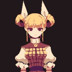 Rule 34 | 1girl, 4qw5, :|, alternate hairstyle, armor, blonde hair, blunt bangs, breasts, brown background, closed mouth, double bun, expressionless, eyebrows hidden by hair, hair bun, hair ribbon, haniwa (statue), joutouguu mayumi, medium breasts, pixel art, puffy short sleeves, puffy sleeves, ribbon, short sleeves, sidelocks, simple background, solo, straight-on, touhou, upper body, white ribbon