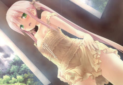 Rule 34 | 1girl, absurdres, blush, breasts, cafe sourire, clothes lift, crease, dengeki hime, dress, dress lift, eretto, face, from below, green eyes, hands on own hips, highres, hip focus, image sample, mizushima serika, nipples, open mouth, pink hair, scan, small breasts, solo, thighs, twintails, wet, wet clothes