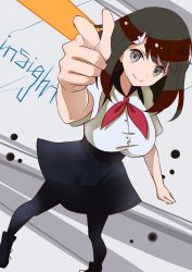 Rule 34 | 10s, 1girl, bad id, bad pixiv id, black pantyhose, breasts, brown hair, foreshortening, gatchaman crowds, grey eyes, ichinose hajime, large breasts, pantyhose, pointing, pointing at viewer, school uniform, short hair, simple background, skirt, smile, solo, striped, striped background, takeashiro
