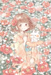 Rule 34 | 1girl, blunt bangs, blush, bob cut, brown eyes, brown hair, camellia, floral background, floral print, flower, hair behind ear, hand on own chest, hand to own mouth, highres, index finger raised, japanese clothes, kimono, leaf, light, light particles, looking to the side, momochy, obi, original, pastel colors, pink flower, pink kimono, pink skirt, plant, pointing, pointing at self, rabbit, sash, short hair, skirt, smile, too many flowers, wide sleeves