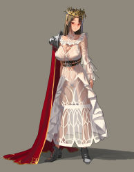 Rule 34 | 1girl, absurdres, armor, armored boots, belt, black hair, blush, boots, breasts, cape, crown, dress, full body, grey background, highres, large breasts, lee0110, long dress, long sleeves, looking at viewer, original, pauldrons, red cape, red eyes, revealing clothes, see-through, shoulder armor, single pauldron, solo, standing, white dress