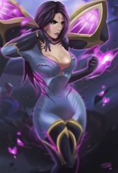 Rule 34 | 1girl, bodysuit, breasts, cleavage, kai&#039;sa, laser, league of legends, long hair, open mouth, purple eyes, purple hair, solo, spandex, stretchnsin, wings