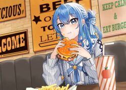 Rule 34 | 1girl, absurdres, apple, apple print, blue choker, blue eyes, blue hair, blue nails, blush, burger, cardigan, choker, chrispy tuna, condensation, cup, disposable cup, drink, drinking straw, eating, english text, food, french fries, fruit, grey cardigan, hair between eyes, hair bun, hair ribbon, highres, holding, holding food, hololive, hoshimachi suisei, hoshimachi suisei (school uniform), indoors, long hair, long sleeves, looking at viewer, official alternate costume, official alternate hair length, official alternate hairstyle, poster (object), ribbon, sailor collar, shirt, sitting, solo, star (symbol), star in eye, symbol in eye, upper body, virtual youtuber, white sailor collar