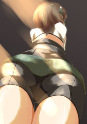 Rule 34 | 1girl, ass, bike shorts, black shorts, brown hair, commentary request, corset, facing away, foreshortening, from behind, grey skirt, headgear, kantai collection, nekosu (nfxgs227), pleated skirt, shiny clothes, shirt, short hair, shorts, skirt, solo, taihou (kancolle), thighs, white shirt