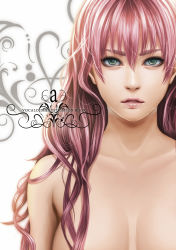 Rule 34 | 1girl, aqua eyes, bad id, bad pixiv id, breasts, female focus, green eyes, hair between eyes, jun jun, large breasts, lips, lipstick, long hair, looking at viewer, makeup, megurine luka, neck, nude, parted lips, pink hair, pink lips, serious, solo, topless, topless frame, upper body, vocaloid