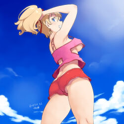 Rule 34 | 1girl, adjusting hair, arm up, armpit crease, ass, blonde hair, blue eyes, breasts, butt crack, cloud, cowboy shot, dated, day, elle vianno, feet out of frame, from behind, from below, gundam, gundam zz, large breasts, long hair, looking at viewer, looking down, looking to the side, outdoors, pink shirt, ponytail, red shorts, shirt, shorts, sideboob, signature, simple background, smile, solo, standing, teeth, tsukudani (coke-buta), white background