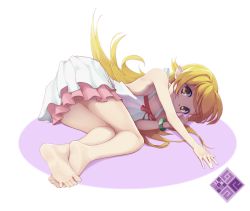 Rule 34 | 1girl, bakemonogatari, barefoot, blonde hair, bracelet, feet, feet together, jewelry, long hair, looking at viewer, lying, monogatari (series), on side, oshino shinobu, pointy ears, simple background, smile, soles, solo, spread toes, toes, vampire, white background, yellow eyes