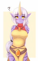 Rule 34 | 1girl, ?, arms behind back, ayatori (aytr), blush, breasts, colored skin, frown, highres, horns, large breasts, league of legends, long hair, looking at viewer, multi-tied hair, pointy ears, ponytail, purple skin, single horn, solo, soraka (league of legends), tattoo, very long hair, white hair, yellow eyes