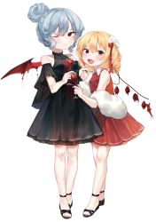 Rule 34 | 2girls, :d, alternate costume, alternate hairstyle, bare shoulders, bat wings, black dress, black footwear, blonde hair, blue hair, blush, bow, cup, dress, drill hair, drinking glass, fang, feather boa, flandre scarlet, full body, hair between eyes, hair bow, hair bun, highres, holding, holding cup, looking at viewer, multiple girls, no headwear, one eye closed, one side up, open mouth, pointy ears, red bow, red dress, red eyes, remilia scarlet, shoes, short dress, short hair, short sleeves, siblings, single hair bun, sisters, sleeveless, sleeveless dress, smile, standing, touhou, transparent background, useq1067, wine glass, wing collar, wings