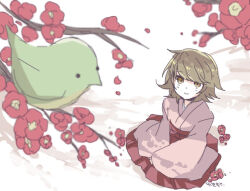 Rule 34 | 1boy, bird, bow, branch, brown eyes, brown hair, closed mouth, commentary request, danganronpa: trigger happy havoc, danganronpa (series), falling petals, flower, fujisaki chihiro, full body, green bird, hakama, japanese clothes, kimono, kneeling, long sleeves, looking at animal, male focus, mikan tabetai, petals, pink kimono, plum blossoms, red bow, red flower, red hakama, shadow, short hair, short kimono, signature, simple background, sleeves past wrists, smile, solo, trap, waist bow, white background, wide sleeves