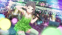 Rule 34 | 22/7, 22/7 ongaku no jikan, clenched teeth, collarbone, concert, dress, dutch angle, frilled dress, frills, game cg, garter straps, glowstick, green dress, green thighhighs, grey eyes, grey hair, highres, hiiragi tsubomi, holding, holding microphone, idol, idol clothes, jewelry, lens flare, looking at viewer, medium hair, microphone, necklace, non-web source, official art, one eye closed, single sidelock, solo focus, sparkle, speaker, squatting, stage lights, teeth, thighhighs, v over eye