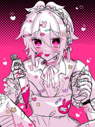 Rule 34 | 1boy, aida yuuya, androgynous, bandages, black background, blood, blush, crossdressing, dress, heart, heart in eye, highres, holding, holding knife, knife, male focus, multicolored background, natsumoriii, ookami game (studio wasabi), pink background, pink blood, pink eyes, self-harm, short hair, sketch, smile, solo, sticker, symbol in eye, tongue, tongue out, white dress, white hair
