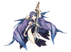 Rule 34 | 1girl, :o, blue eyes, blue hair, fins, full body, jino, kneeling, long hair, looking at viewer, looking up, ningyo hime (sinoalice), official art, revealing clothes, sailor collar, sinoalice, solo, sword, very long hair, weapon, white background