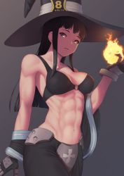 Rule 34 | 1girl, abs, armpits, bare shoulders, bikini, bikini top only, black background, black bikini, black gloves, black hair, black hat, black skirt, breasts, cleavage, collarbone, commentary request, cowboy shot, en&#039;en no shouboutai, fire, fireball, gloves, groin, hair down, hand up, hat, highres, large breasts, long hair, long skirt, looking at viewer, maki oze, midriff, navel, o-ring, o-ring bikini, parted lips, purple eyes, putcher, sidelocks, simple background, skirt, smile, solo, standing, swimsuit, witch hat