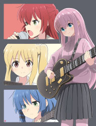 Rule 34 | 4girls, absurdres, bass guitar, blonde hair, blue eyes, blue hair, bocchi the rock!, closed mouth, commentary, frown, gotoh hitori, green eyes, grey skirt, guitar, hair ornament, highres, holding, holding instrument, holding microphone, holding plectrum, ijichi nijika, instrument, jacket, kita ikuyo, long hair, looking at viewer, looking to the side, microphone, mole, mole under eye, multiple girls, music, nao suke, open mouth, pants, pants under skirt, pink hair, pink jacket, pink pants, playing instrument, pleated skirt, plectrum, red eyes, red hair, short hair, side ponytail, singing, skirt, smile, standing, track jacket, track pants, two side up, yamada ryo, yellow eyes