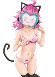 Rule 34 | &gt; &lt;, 1girl, absurdres, ahoge, animal ears, bare arms, bare shoulders, black thighhighs, bow, bow bra, bow panties, bra, breasts, cat ears, cat tail, collarbone, facing viewer, fake animal ears, feet out of frame, frilled bra, frilled panties, frills, groin, hands up, highres, long hair, love live!, love live! nijigasaki high school idol club, miel (lessontome), navel, panties, paw pose, pink bra, pink hair, pink panties, simple background, small breasts, smile, solo, sweat, tail, tennoji rina, thigh gap, thighhighs, underwear, underwear only, white background