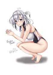 Rule 34 | 1girl, ahoge, barefoot, character name, competition swimsuit, full body, grey eyes, headband, highres, kantai collection, kuga zankurou, long hair, looking at viewer, one-piece swimsuit, one side up, parted lips, silver hair, simple background, smile, solo, squatting, suzutsuki (kancolle), swimsuit, two-tone swimsuit, white background, white headband