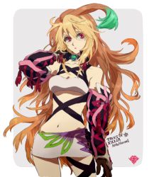 Rule 34 | 1girl, ahoge, bare shoulders, breasts, brown hair, character name, choker, cleavage, copyright name, elbow gloves, gloves, long hair, midriff, milla maxwell, multicolored hair, navel, open mouth, pink eyes, skirt, tales of (series), tales of xillia, very long hair