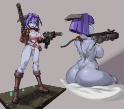 Rule 34 | 1girl, absurdres, ange (kelvin hiu), ass, back, blue eyes, blunt bangs, boots, breasts, brown jacket, cable, colored skin, commentary, cropped jacket, curvy, dual wielding, english commentary, finger on trigger, full body, grey skin, gun, hair intakes, highres, holding, huge ass, huge breasts, jacket, joints, kelvin hiu, knee boots, large breasts, leotard, machine pistol, mechanical arms, metal skin, multiple views, nude, on bed, open clothes, open jacket, original, pink leotard, purple hair, rifle, sideboob, sitting, suppressor, weapon