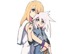 Rule 34 | 2boys, azuma yukihiko, blonde hair, blue eyes, bracelet, gem, genius sage, highres, hug, hug from behind, jewelry, looking at another, looking at viewer, medium hair, mithos yggdrasill, multiple boys, open mouth, short sleeves, tales of (series), tales of symphonia, trap, white hair, yaoi