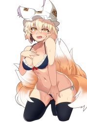 Rule 34 | 1girl, absurdres, agu (antyosan), animal ears, bikini, black thighhighs, blonde hair, blue bikini, blush, breasts, cleavage, commentary request, covering privates, covering crotch, embarrassed, fang, fox ears, fox girl, fox tail, frilled bikini, frills, groin, hair between eyes, hand on own chest, highres, kitsune, kneeling, leaning forward, looking at viewer, medium breasts, medium hair, multiple tails, navel, open mouth, side-tie bikini bottom, simple background, solo, swimsuit, tail, thighhighs, thighs, tiptoes, touhou, undersized clothes, wet, white background, yakumo ran, yellow eyes