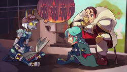 Rule 34 | 1boy, 2girls, android, annie (skullgirls), beowulf (skullgirls), book, boots, braid, brown hair, camera, chair, chungsae, crossed legs, eyepatch, film camera, folding chair, green hair, hat, highres, multiple girls, official alternate costume, on floor, open mouth, robo-fortune, sitting, skirt, skullgirls, smile, thought bubble, twin braids, yellow eyes