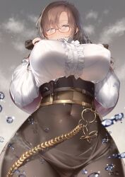 Rule 34 | 1girl, blue eyes, breasts, brown gloves, brown hair, brown skirt, copyright request, covered erect nipples, covered navel, frilled shirt, frills, glasses, gloves, half gloves, hands up, high-waist skirt, large breasts, long hair, long sleeves, looking at viewer, parted lips, red-framed eyewear, shirt, skirt, solo, sourenkio, steam, sweat, twitter username, water drop, white shirt