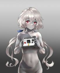 Rule 34 | 1girl, artoise, blue ribbon, blush, camera, commentary, english commentary, groin, hair between eyes, hair ribbon, hands up, heart, heart-shaped pupils, highres, holding, holding camera, konno junko, looking at viewer, medium hair, navel, nude, out-of-frame censoring, red eyes, ribbon, scar, sidelocks, silver hair, smile, solo, stitched arm, stitched face, stitched leg, stitched torso, stitches, symbol-shaped pupils, twintails, wavy hair, zombie, zombie land saga
