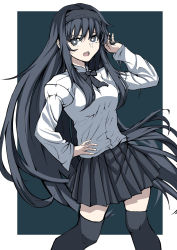 Rule 34 | 1girl, black background, black bow, black bowtie, black hair, black hairband, black skirt, black thighhighs, border, bow, bowtie, bright pupils, hairband, hand on own hip, highres, juliet sleeves, long hair, long sleeves, looking at viewer, open mouth, pleated skirt, puffy sleeves, shirt, simple background, skirt, solo, thighhighs, tohno akiha, tsukihime, ttumupen, white border, white pupils, white shirt