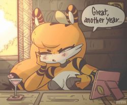 Rule 34 | 1girl, 2022, animal ears, animated, animated gif, artist name, bare shoulders, blush, body fur, breasts, chinese zodiac, choker, clothes pull, coaster, commentary, cup, diives, drinking glass, english commentary, english text, furry, furry female, hand on own face, indoors, long hair, new year, shirt pull, speech bubble, tablet pc, thick eyebrows, tiger ears, tiger girl, tiger stripes, window, xingzuo temple, year of the tiger, yellow eyes