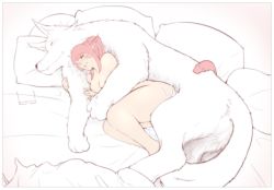 Rule 34 | 1girl, aftersex, animal ears, warrior of light (ff14), bestiality, blush, cat tail, completely nude, cum, djayo, closed eyes, unworn eyewear, final fantasy, final fantasy xiv, happy sex, hug, lying, miqo&#039;te, nude, on bed, pillow, ponytail, red hair, sketch, spooning, tail, hugging tail, werewolf