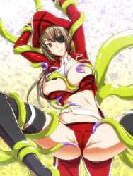 Rule 34 | 10s, 1girl, amagi brilliant park, belt, bikini, blush, boots, breasts, brown eyes, brown hair, cameltoe, cleavage, ebido, eyepatch, hat, highres, jacket, large breasts, legs, long hair, long sleeves, navel, nipples, open clothes, pirate, pirate hat, red bikini, red jacket, sento isuzu, solo, standing, swimsuit, tentacles, thigh boots, thighhighs, thighs