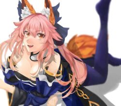 Rule 34 | 1girl, animal ear fluff, animal ears, artist request, bare shoulders, blue kimono, blue legwear, blue ribbon, breasts, cleavage, detached sleeves, fang, fate/extra, fate/extra ccc, fate/grand order, fate (series), fox ears, fox girl, fox tail, hair ribbon, japanese clothes, kimono, large breasts, looking at viewer, lying, on stomach, open mouth, pink hair, ribbon, simple background, solo, tail, tamamo (fate), tamamo no mae (fate/extra), white background, yellow eyes