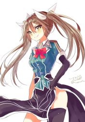 Rule 34 | 1girl, asymmetrical legwear, blush, bow, bowtie, breasts, brown eyes, brown hair, closed mouth, elbow gloves, gloves, hair between eyes, hair ribbon, highres, hizaka, jacket, kantai collection, long hair, looking at viewer, one-hour drawing challenge, ribbon, simple background, single elbow glove, single thighhigh, small breasts, smile, solo, thighhighs, tone (kancolle), tone kai ni (kancolle), twintails, twitter username, uneven legwear, white background, white ribbon