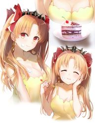 Rule 34 | 1girl, bad id, bad pixiv id, blonde hair, blush, breasts, cake, cake slice, cherry, cleavage, closed eyes, collarbone, commentary request, earrings, ereshkigal (fate), fate/grand order, fate (series), food, food on body, food on breasts, food on face, fork, fruit, hair ribbon, happiness lilys, holding, holding fork, infinity symbol, jewelry, light blush, long hair, medium breasts, multiple views, plate, red eyes, red ribbon, ribbon, smile, strap slip, swept bangs, tiara, two side up, upper body, wavy mouth, white background