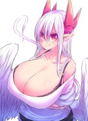 Rule 34 | 1girl, absurdres, arms under breasts, bare shoulders, bra, breasts, cleavage, curvy, demon girl, feathered wings, hair between eyes, highres, horns, huge breasts, long hair, lorem (mazohaha), mature female, musuko ga kawaikute shikatanai mazoku no hahaoya, pointy ears, red eyes, red horns, simple background, smile, solo, underwear, white background, white hair, white tail, white wings, wide hips, wings, zyugoya